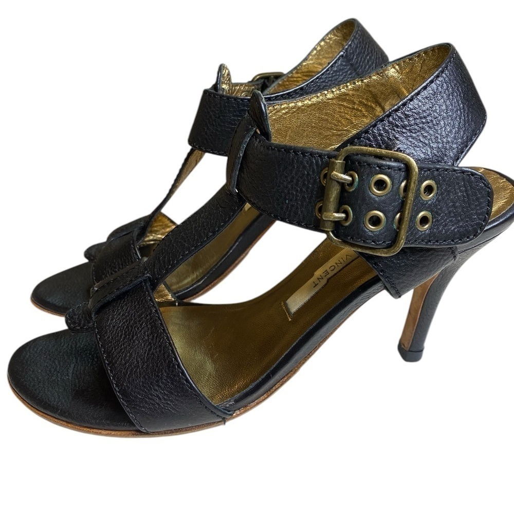 Cynthia Vincent Black Leather high heel Strappy Open Toe Sandal Women’s Size 6.5